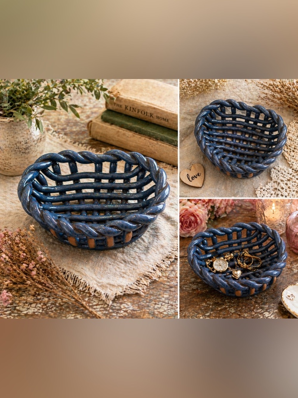 Vintage Ceramic Woven Heart Basket Bowl Blue Brown Rustic Farmhouse Decor